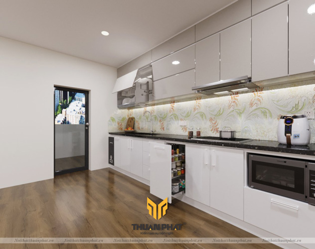 Mẫu tủ bếp âm tường đẹp, hiện đại mang đến không gian rộng rãi nhẩ cho nhà bếp 