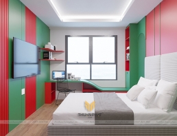 Nội thất đa màu sắc 2 phòng ngủ và phòng bếp
