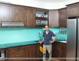 Tủ bếp Inox sơn tĩnh điện, cánh gỗ Sồi Nga sơn màu Óc Chó, chú Tuân - Nguyễn Sơn, Long Biên, HN