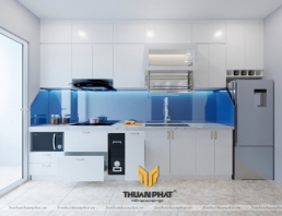 Tủ Bếp Acrylic màu trắng với kính xanh ấn tượng