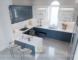 Tủ bếp MDF phun sơn trắng - xanh kiểu dáng Châu Âu