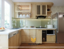 Tủ bếp gỗ Sồi Nga đẹp giản dị cho căn hộ chung cư
