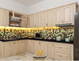 Tủ bếp gỗ Sồi Nga tự nhiên với kính ốp tường bếp đẹp "lung linh"