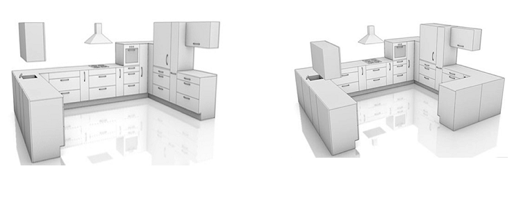 Tủ bếp chữ G thực tế là biến đổi của tủ bếp chữ U kết hợp bàn đảo hoặc quầy bar dựa tường