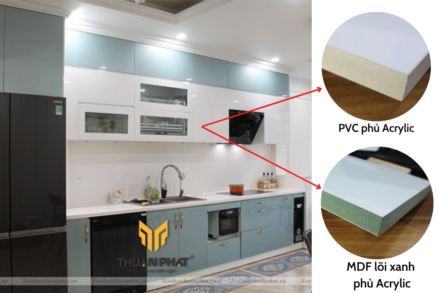 Tủ bếp Acrylic có thể làm bằng cốt PVC hoặc MDF
