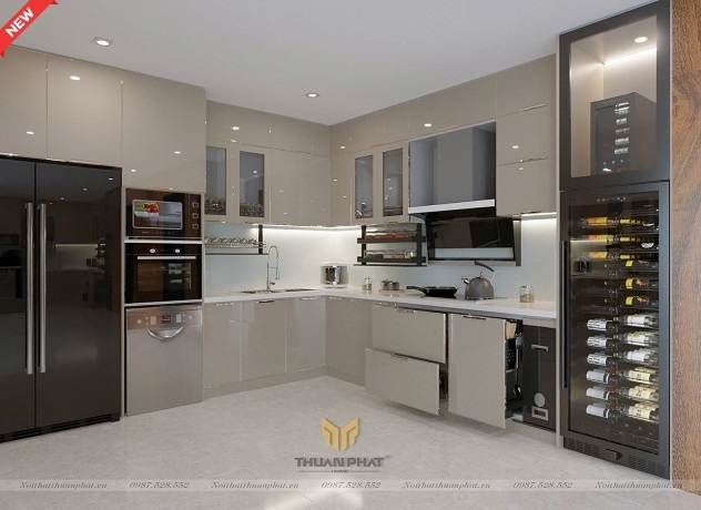 thay thế tủ gỗ tự nhiên bằng tủ bếp inox cánh kính