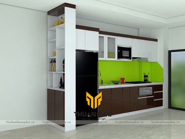 Mẫu tủ bếp Acrylic giá rẻ chữ I màu sáng cho căn hộ nhỏ