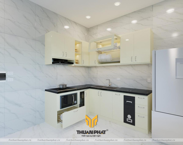 Mẫu tủ bếp Acrylic giá rẻ màu trắng phối gỗ cho căn hộ hiện đại