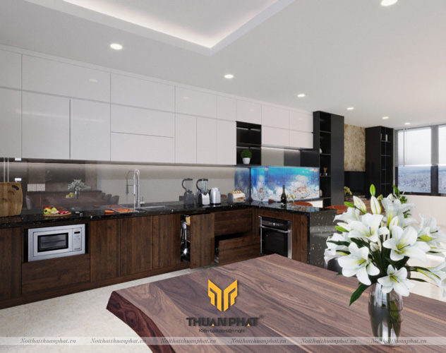 Tủ bếp Acrylic Laminate liền phòng khách biệt thự Gamuda Garden