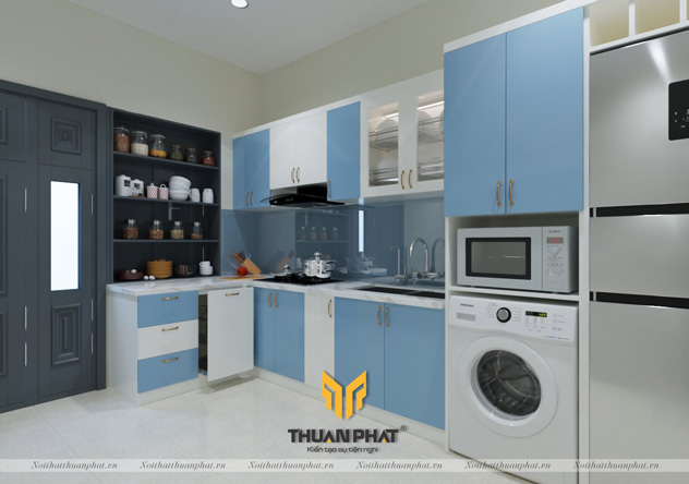 Tủ bếp màu xanh dương + trắng với cách phối màu tủ bếp đẹp