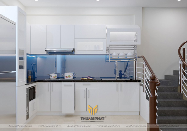 Tủ Bếp Acrylic màu trắng với kính xanh bắt mắt