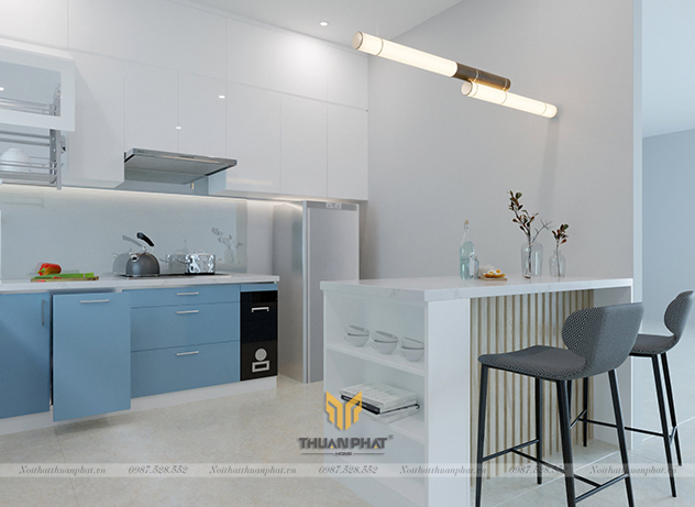 Tủ Bếp Acrylic màu trắng xanh kèm bàn đảo AC178