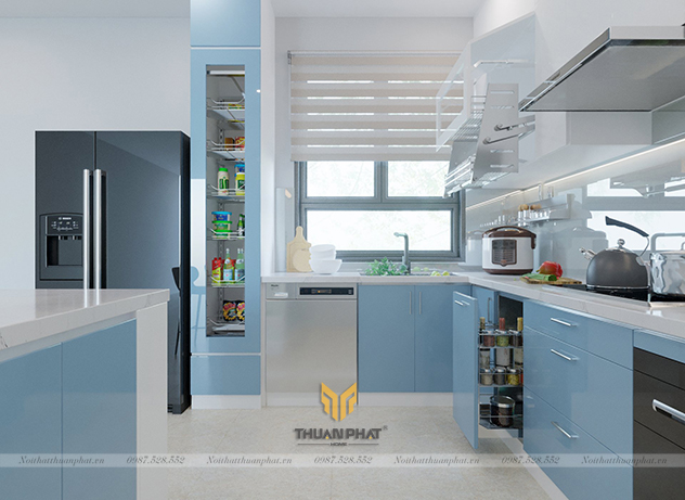 Tủ Bếp Acrylic màu trắng xanh kèm bàn đảo AC178