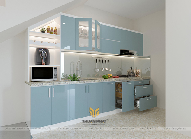 Tủ Bếp Acrylic màu xanh dương dưới gầm cầu thang AC181