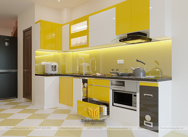 Tủ bếp nhựa Acrylic màu vàng chanh bắt mắt