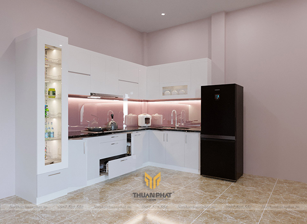 Tủ bếp Acrylic trắng sứ phối kính màu hồng 