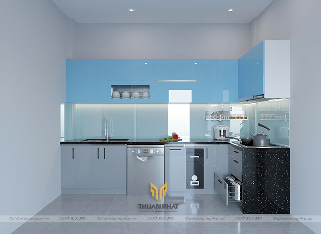 Tủ bếp inox cánh Acrylic xanh xám