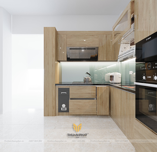 Tủ bếp nhựa Acrylic vân gỗ sáng màu: Tận hưởng không gian bếp hiện đại với tủ bếp nhựa Acrylic vân gỗ sáng màu cực sang trọng và tiện nghi. Chất liệu nhựa Acrylic cao cấp giúp bề mặt bóng, dễ dàng vệ sinh và có tính thẩm mỹ cao.