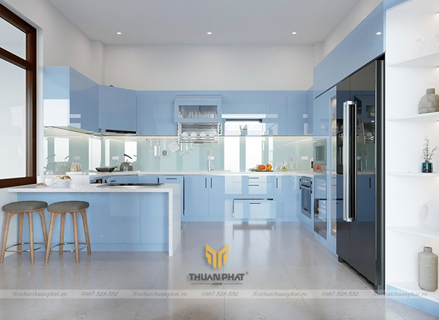 Tủ Bếp Acrylic siêu rộng màu xanh