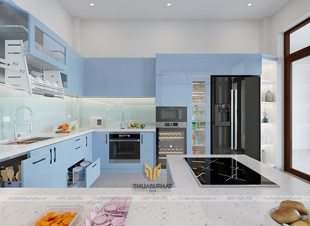 Tủ Bếp Acrylic siêu rộng màu xanh