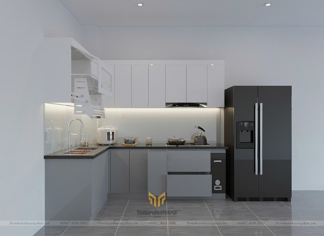 Không gian tủ bếp Acrylic trắng xanh AC355 chữ L