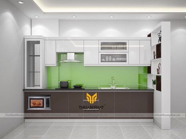 Tủ bếp MDF phun sơn MDF11 hiện đại phối trắng ghi nâu
