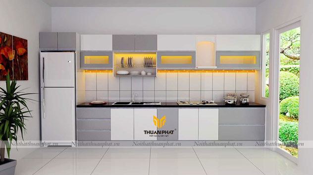 Tủ bếp MDF phun sơn MDF2 phối trắng ghi xám hiện đại