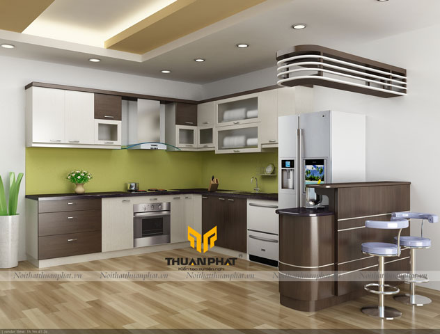Tủ bếp MDF phun sơn MDF4 phối trắng kem và nâu gỗ hiện đại