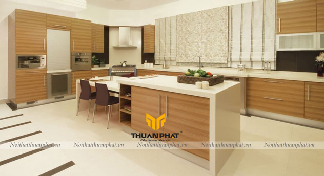 Tủ bếp MDF phun sơn MDF6 tông vân gỗ sáng hiện đại