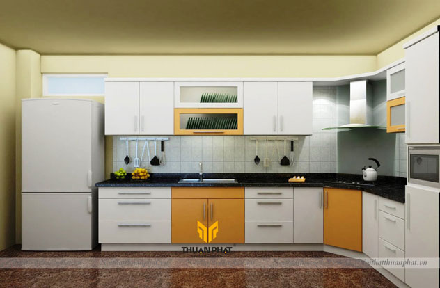 Tủ bếp MDF phun sơn MDF7 phối trắng và cam hiện đại