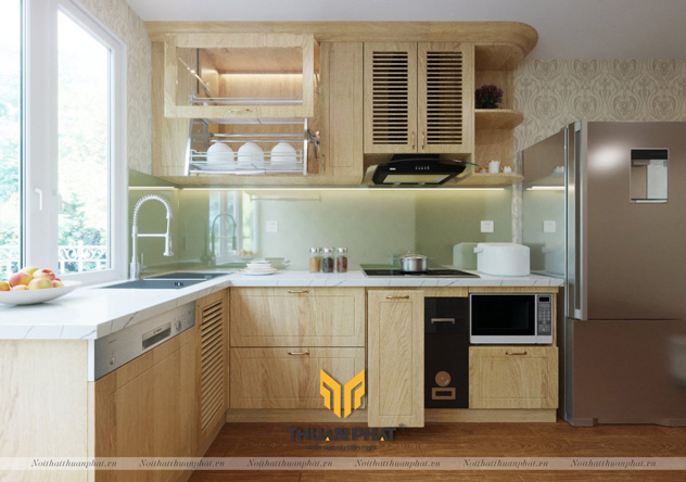 Tủ bếp gỗ Sồi Nga đẹp giản dị cho căn hộ chung cư