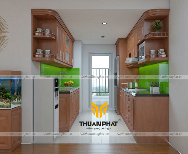 Tủ bếp gỗ xoan đào hoàn thiện màu nâu ấm
