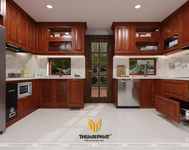 Tủ bếp gỗ tự nhiên Xoan Đào HAGL hình chữ L phù hợp cho không gian nội thất nhỏ