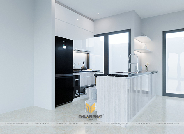 Một thiết kế bàn đảo dưa tường siêu dài và rộng với chức năng làm khu vực bồn rửa cho căn bếp