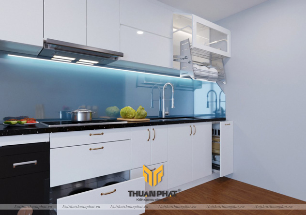 Tủ bếp inox cánh Acrylic màu trắng với kính xanh ấn tượng