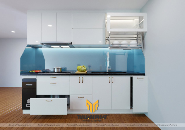 Tủ bếp inox cánh Acrylic màu trắng với kính xanh ấn tượng
