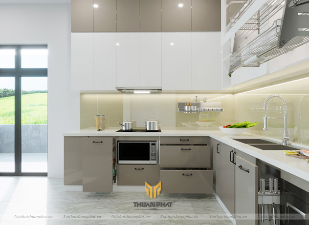 Bố cục công năng mẫu tủ bếp inox cánh Acrylic ACI89