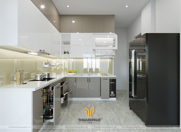 Chi tiết thiết kế mẫu tủ bếp inox cánh Acrylic ACI89