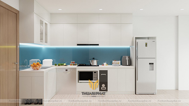 Mẫu tủ bếp Melamine màu trắng cho không gian sáng và hiện đại hơn