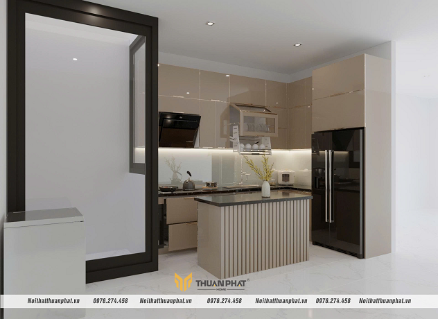 Mẫu bàn đảo bếp kết hợp tủ inox cánh kính