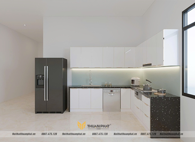 bộ tủ bếp inox cánh kính sử dụng hệ bản lề giảm chấn và bản lề góc