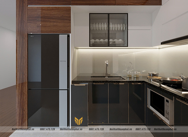 bộ tủ bếp inox cánh kính kết hợp cánh acrylic độc đáo