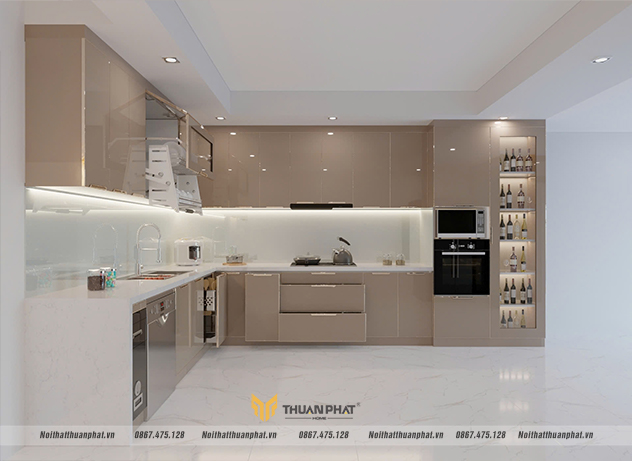 tủ bếp inox cánh kính bóng gương nhà chị Hương - Định Công
