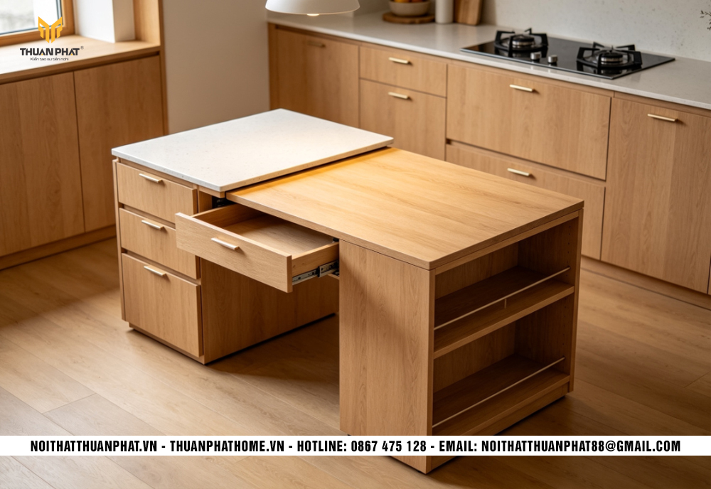 Mẫu bàn đảo bếp đẹp kết hợp bàn ăn trong không gian hiện đại