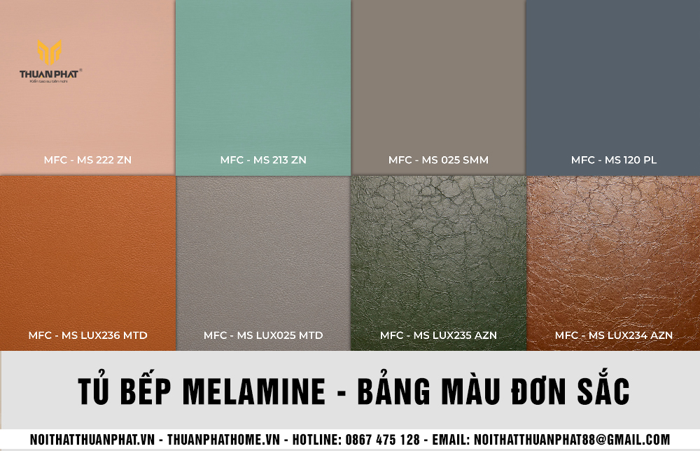 Bảng màu Melamine đơn sắc cho tủ bếp Melamine chung cư và nhà phố