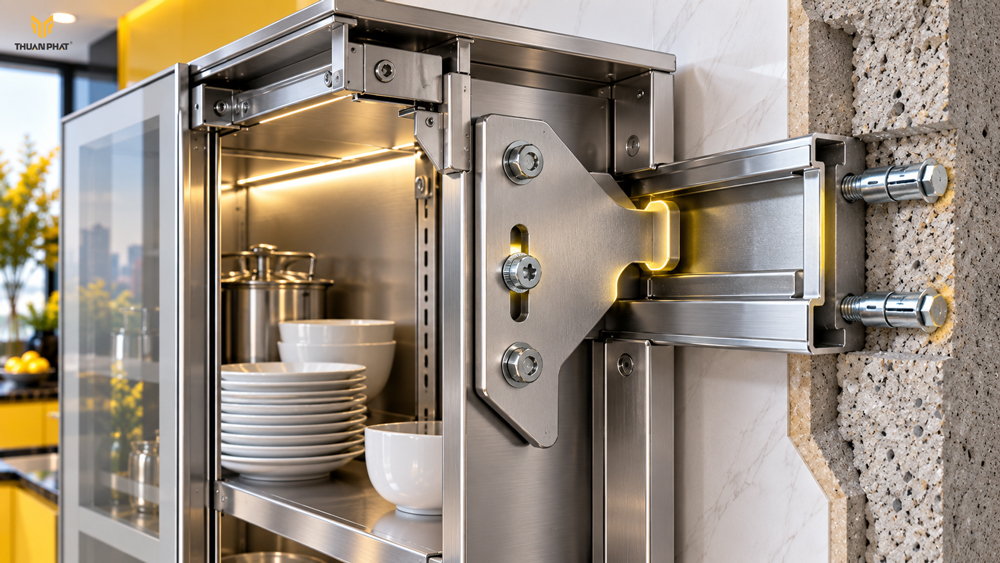 Chi tiết bas treo tủ bếp inox móc đúng vào ray treo tường