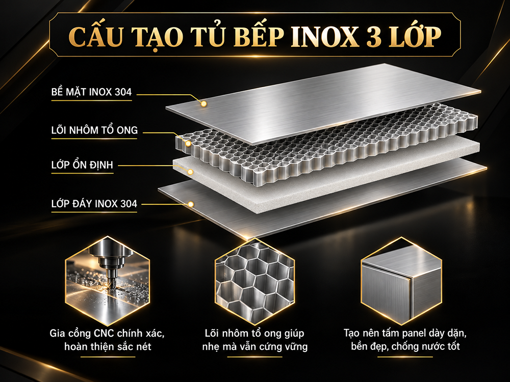 Mặt cắt tấm thùng Inox ba lớp lõi tổ ong