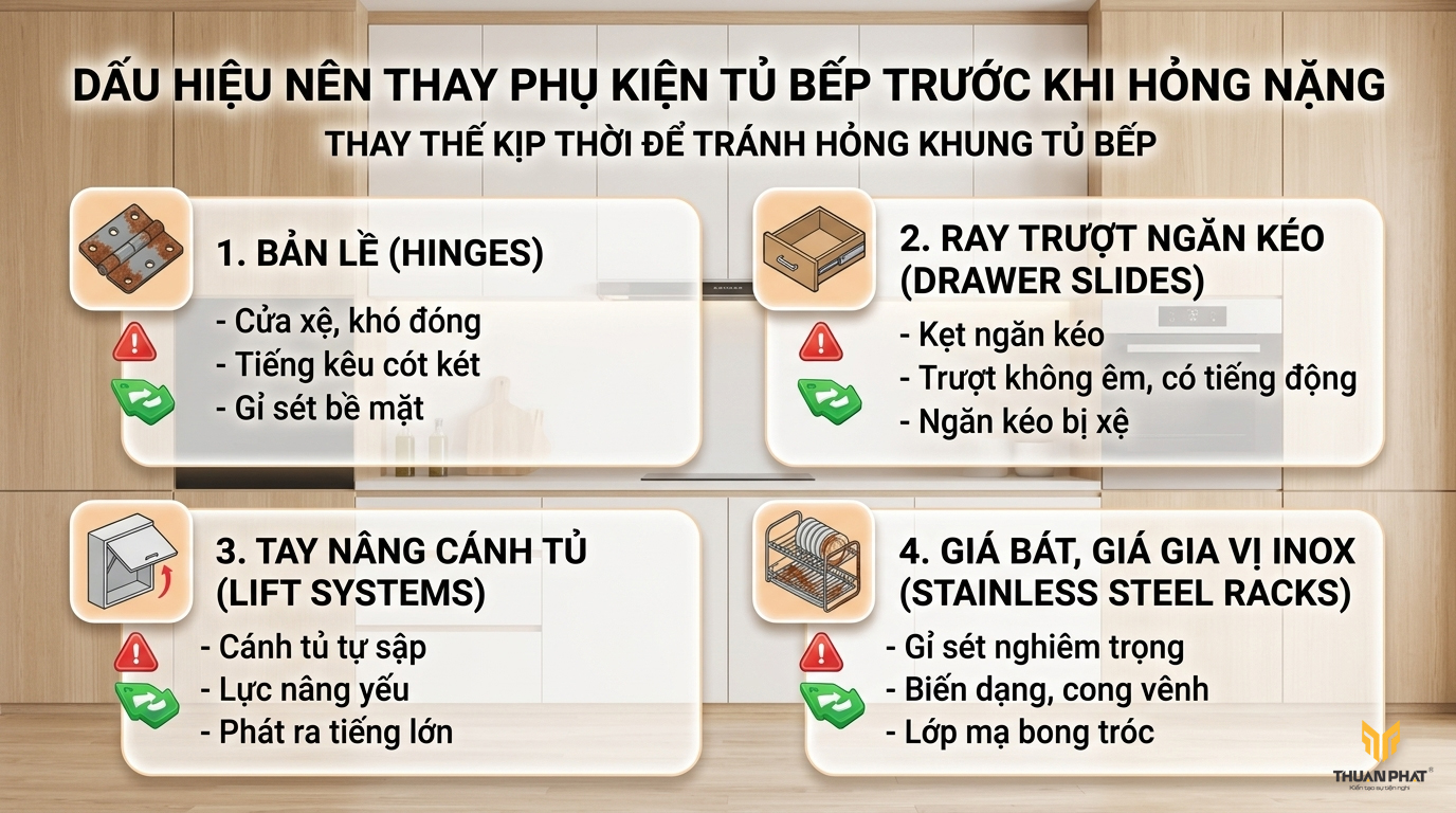 Dấu hiệu nên thay phụ kiện tủ bếp trước khi hỏng nặng