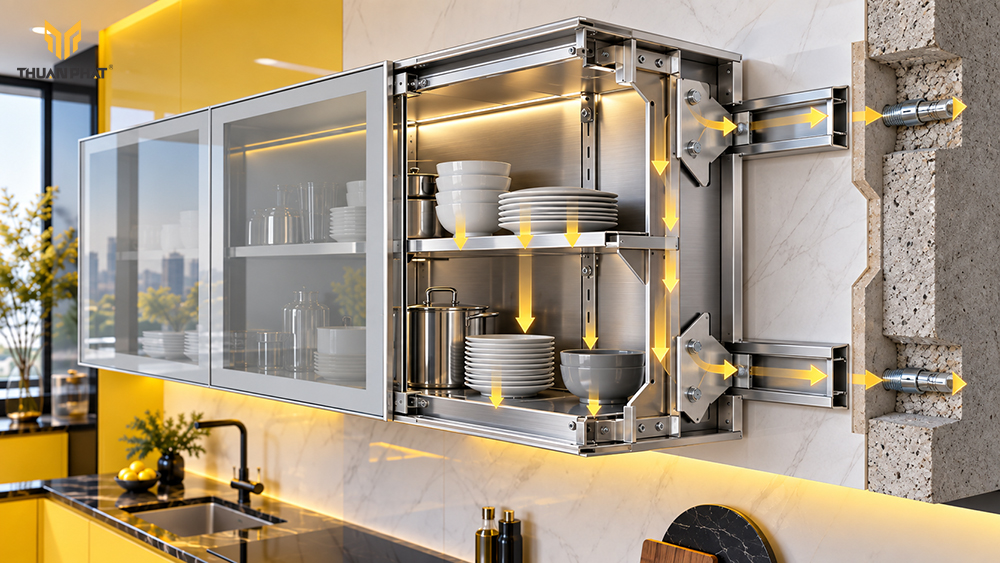Hệ thống chịu tải của tủ bếp inox treo tường gồm thùng, bas, ray và vít neo