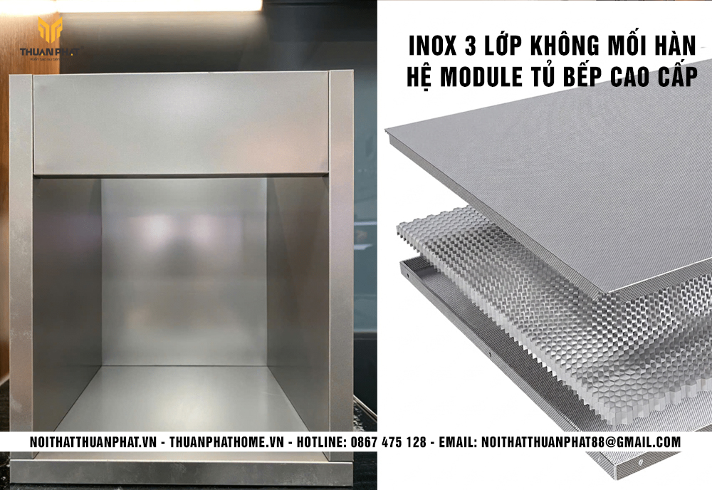 Cấu tạo tấm inox 3 lớp lõi nhôm tổ ong làm tủ bếp